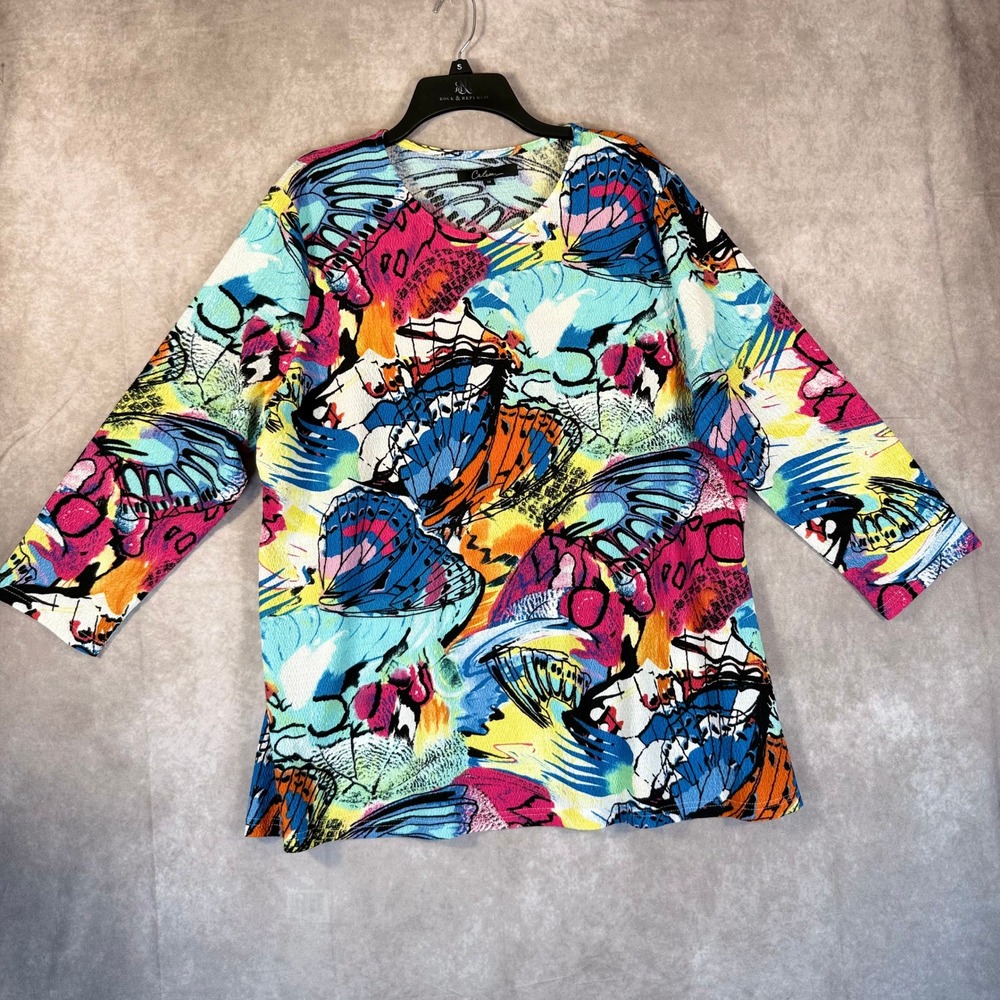 Calessa Butterfly Print Top Women 1X Multi Color Textured Art To‎ Wear Colorful